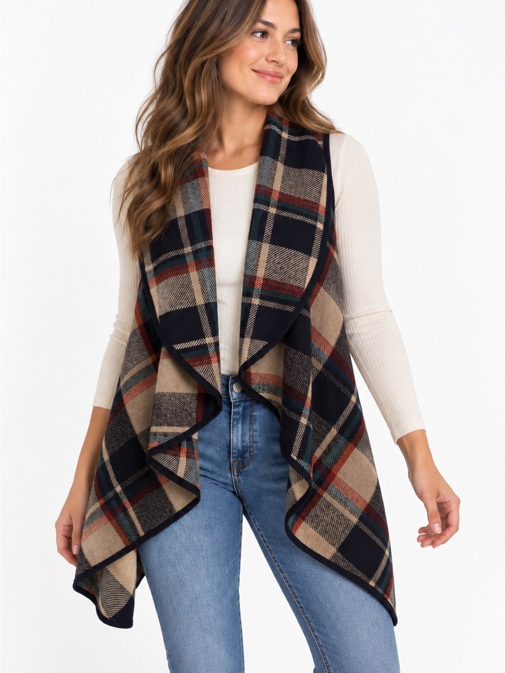 ALTAR’D STATE Plaid Draped Shawl Collar Open Front Vest Fall Layering Small